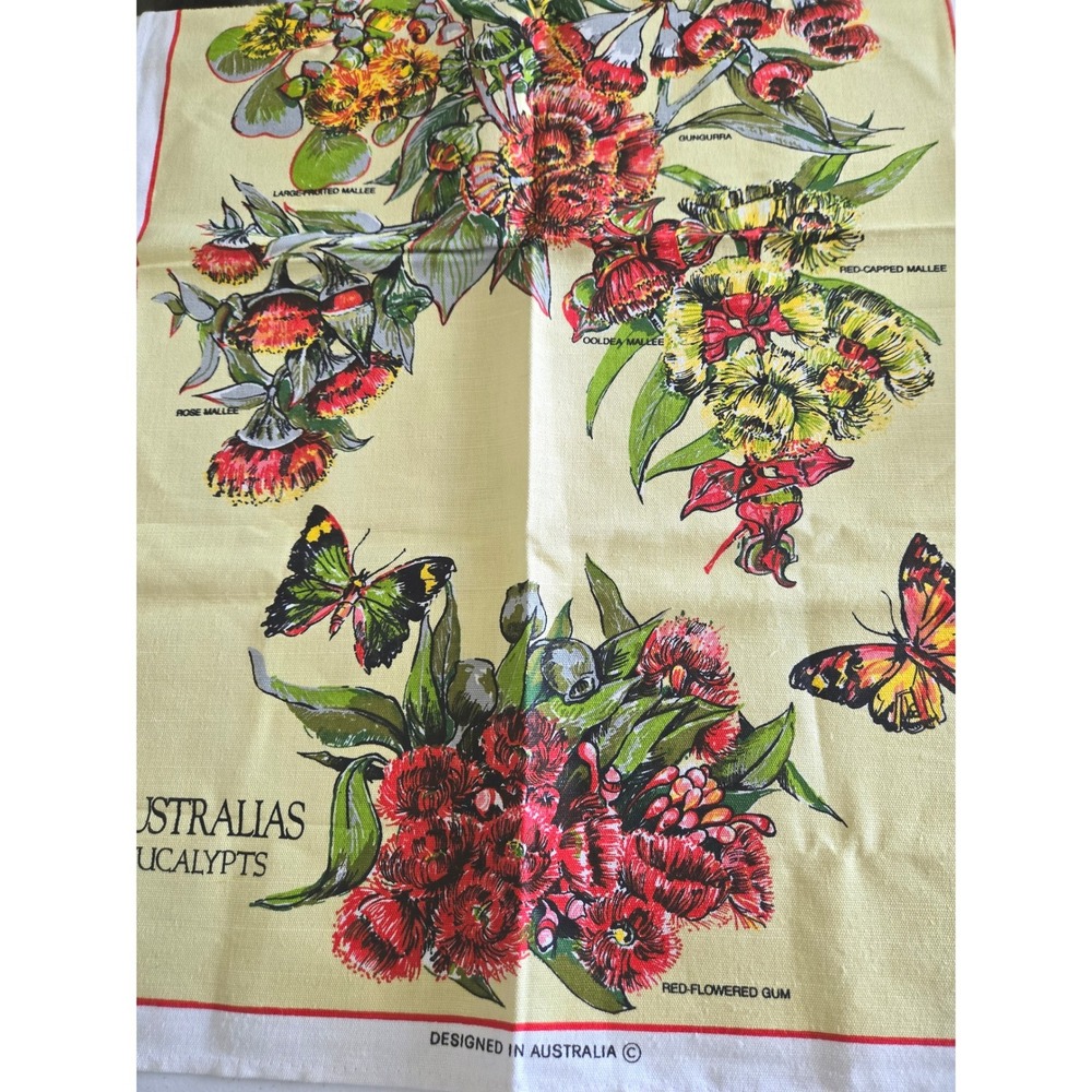 Vintage Ross Australias Eucalypts Tea Towel Linen Cotton Botanical Butterfly